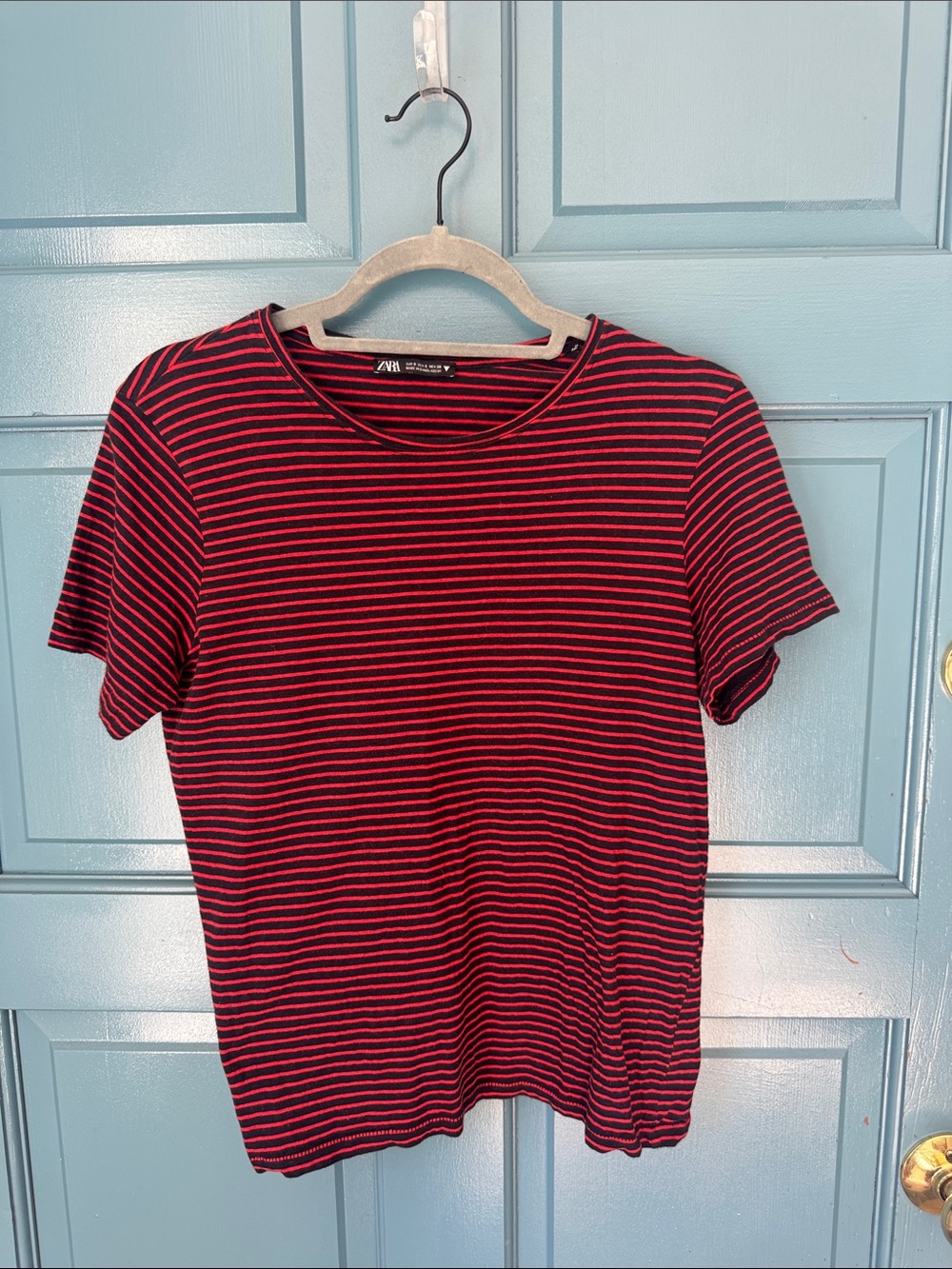 Zara Black and Red Striped Crewneck Tee